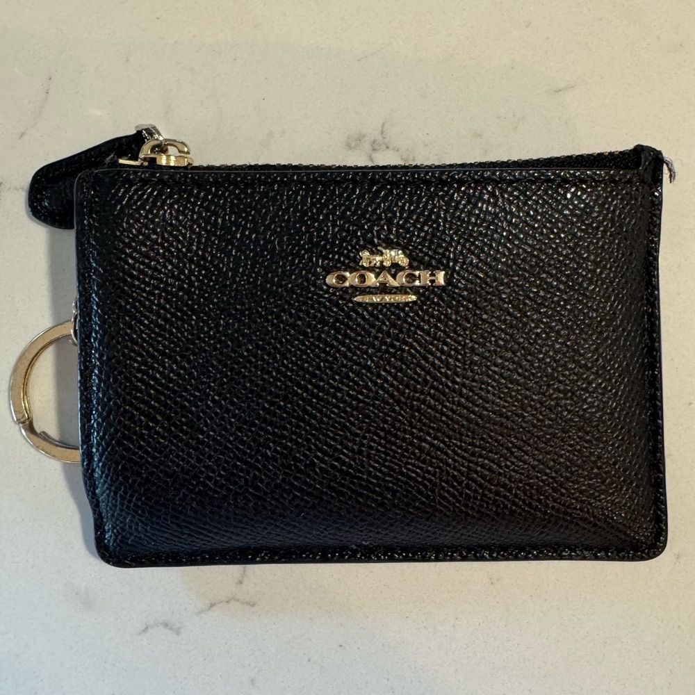 Coach Black Pebbled Leather Zip Card Case with Gold Key Ring